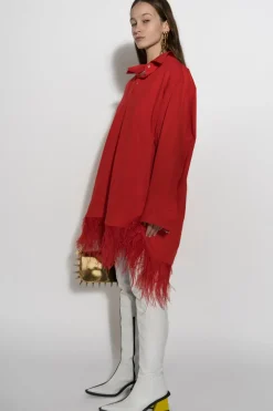 RED FEATHER HEM SHIRT DRESS