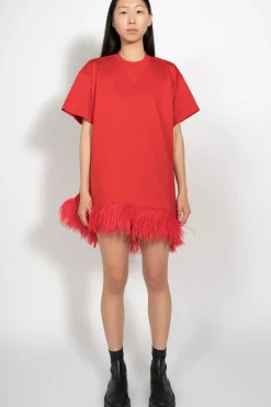 RED FEATHER HEM T-SHIRT DRESS