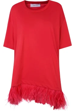 RED FEATHER HEM T-SHIRT DRESS