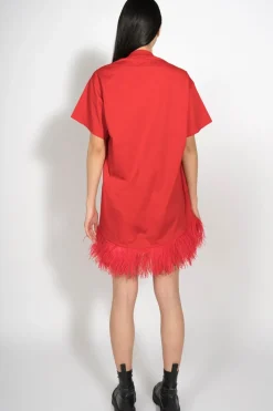 RED FEATHER HEM T-SHIRT DRESS