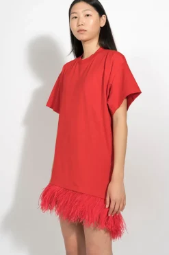 RED FEATHER HEM T-SHIRT DRESS