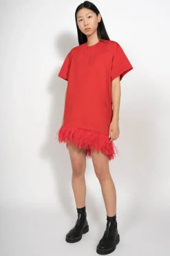 RED FEATHER HEM T-SHIRT DRESS