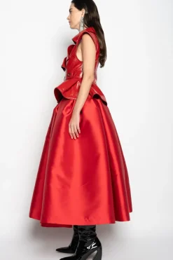 RED HIGH WAIST PLEATED FULL SKIRT