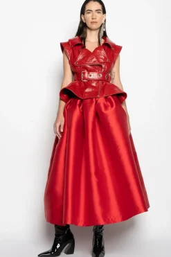RED HIGH WAIST PLEATED FULL SKIRT