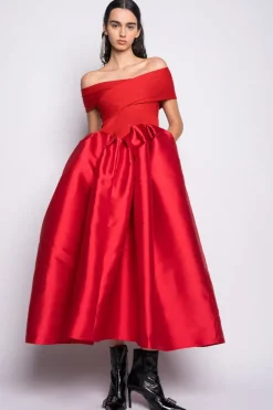 RED OFF SHOULDER FULL SKIRT DRESS