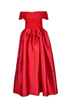 RED OFF SHOULDER FULL SKIRT DRESS
