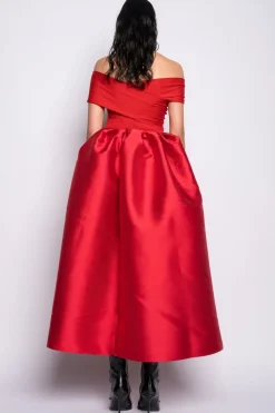 RED OFF SHOULDER FULL SKIRT DRESS