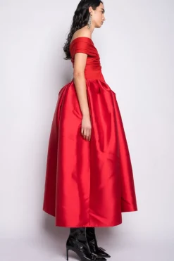 RED OFF SHOULDER FULL SKIRT DRESS