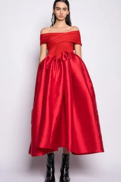 RED OFF SHOULDER FULL SKIRT DRESS