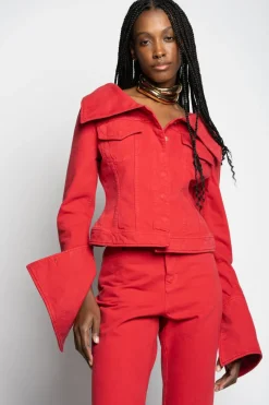 RED OFF-SHOULDER COLLAR JACKET