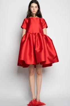 RED SHORT CAP SLEEVE PUFF DRESS