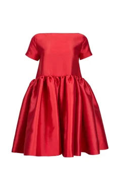RED SHORT CAP SLEEVE PUFF DRESS