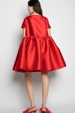 RED SHORT CAP SLEEVE PUFF DRESS