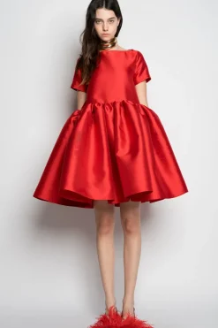 RED SHORT CAP SLEEVE PUFF DRESS