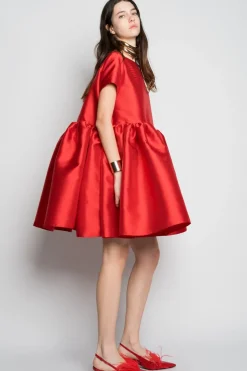 RED SHORT CAP SLEEVE PUFF DRESS