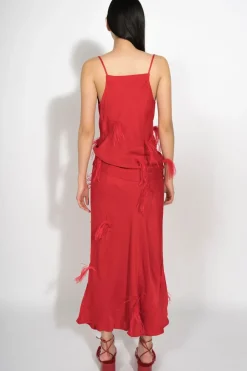RED SLIP TOP WITH FEATHERS