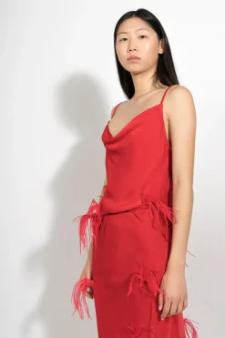 RED SLIP TOP WITH FEATHERS