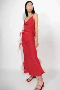 RED SLIP TOP WITH FEATHERS