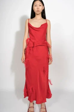 RED SLIP TOP WITH FEATHERS