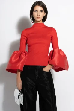 RED TURTLENECK PUFF SLEEVE TOP