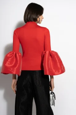 RED TURTLENECK PUFF SLEEVE TOP