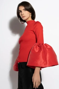RED TURTLENECK PUFF SLEEVE TOP