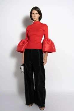 RED TURTLENECK PUFF SLEEVE TOP