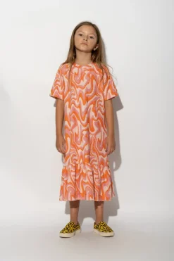 TERRY WAVY PRINT GATHERED DRESS