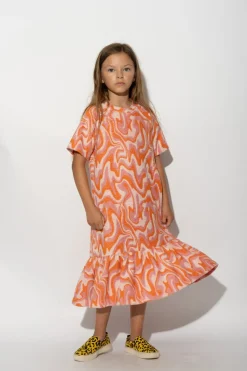 TERRY WAVY PRINT GATHERED DRESS
