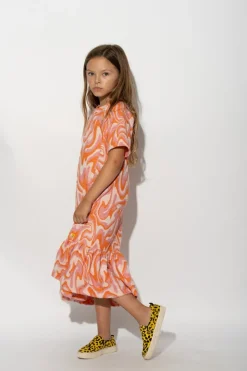 TERRY WAVY PRINT GATHERED DRESS