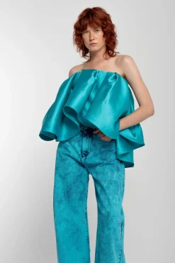 TURQUOISE PLEATED STRAPLESS TOP