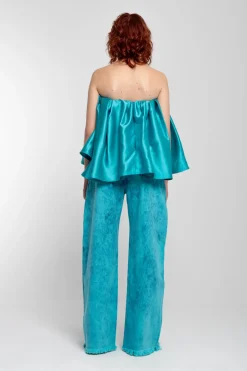 TURQUOISE PLEATED STRAPLESS TOP