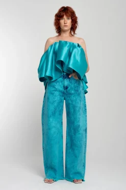 TURQUOISE PLEATED STRAPLESS TOP