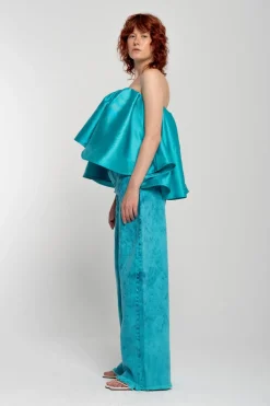 TURQUOISE PLEATED STRAPLESS TOP