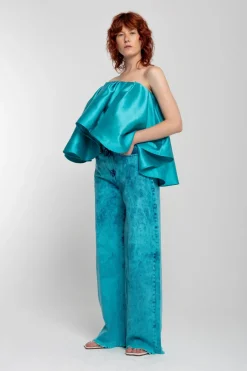 TURQUOISE PLEATED STRAPLESS TOP