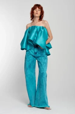 TURQUOISE PLEATED STRAPLESS TOP