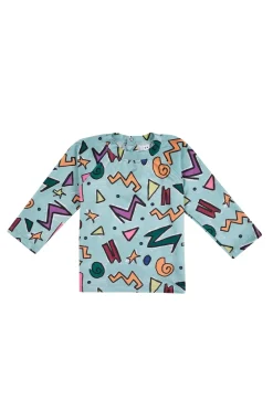 TURQUOISE SQUIGGLE PRINT LONG SLEEVE SWIM TOP