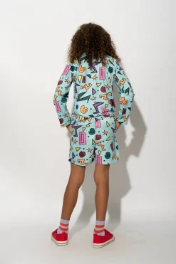 TURQUOISE SQUIGGLE PRINT LONG SLEEVE SWIM TOP