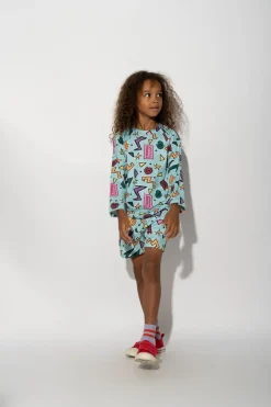TURQUOISE SQUIGGLE PRINT LONG SLEEVE SWIM TOP