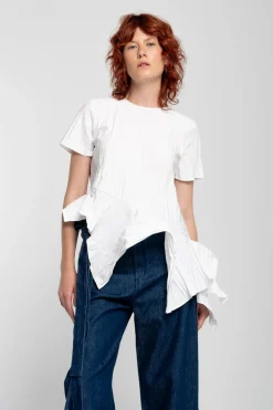 WHITE CAP SLEEVE PLISSE T-SHIRT