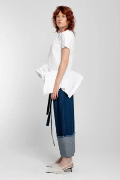 WHITE CAP SLEEVE PLISSE T-SHIRT