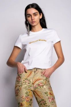 WHITE CAP SLEEVE T-SHIRT WITH GOLD LOGO