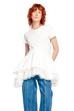 WHITE CAP SLEEVE T-SHIRT WITH FRILL AND LACE HEM