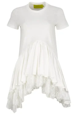 WHITE CAP SLEEVE T-SHIRT WITH FRILL AND LACE HEM