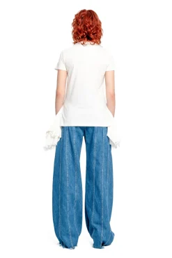 WHITE CAP SLEEVE T-SHIRT WITH FRILL AND LACE HEM