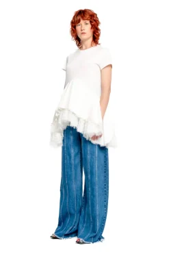 WHITE CAP SLEEVE T-SHIRT WITH FRILL AND LACE HEM
