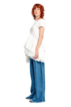 WHITE CAP SLEEVE T-SHIRT WITH FRILL AND LACE HEM