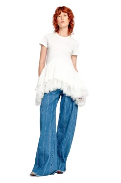 WHITE CAP SLEEVE T-SHIRT WITH FRILL AND LACE HEM