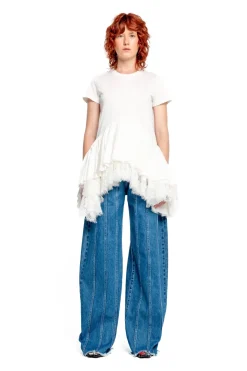 WHITE CAP SLEEVE T-SHIRT WITH FRILL AND LACE HEM