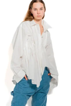 WHITE CINCHED PLEATED SHIRT